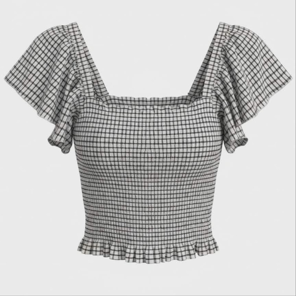 Maeve Tops - Anthropologie Maeve Crinkle Gingham Smocked Top Ruffle Flutter Sleeve Medium EUC
